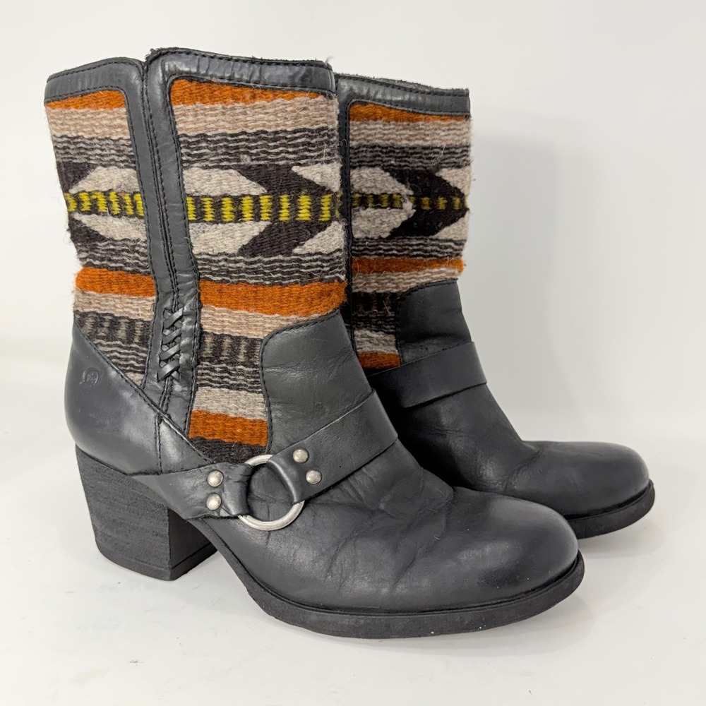 Born Leather Southwestern Woven Ankle Boots Black Harness Block Heel 9 /40.5